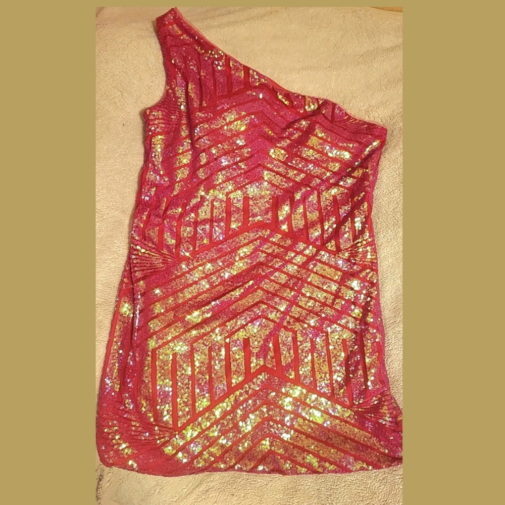 One-Shoulder Party Pink and Gold Sequin Dress